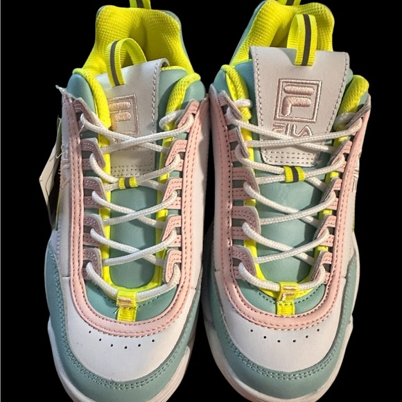 New, Fila Disruptor II Premium (Big Kid) White/Safety Yellow/Blue, Size 6 - Picture 3 of 14